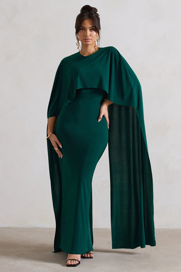 Padma Bottle Green Draped Maxi Dress With Cape Sleeves